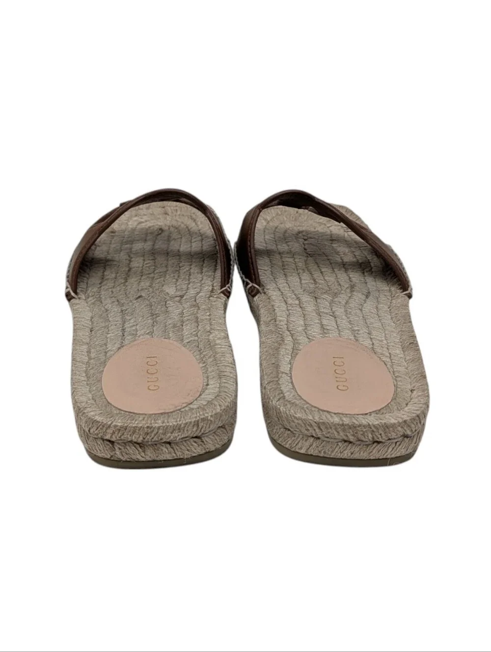 Gucci Interlocking G Brown Leather Espadrilles Flat Slide Sandals Size EU 38